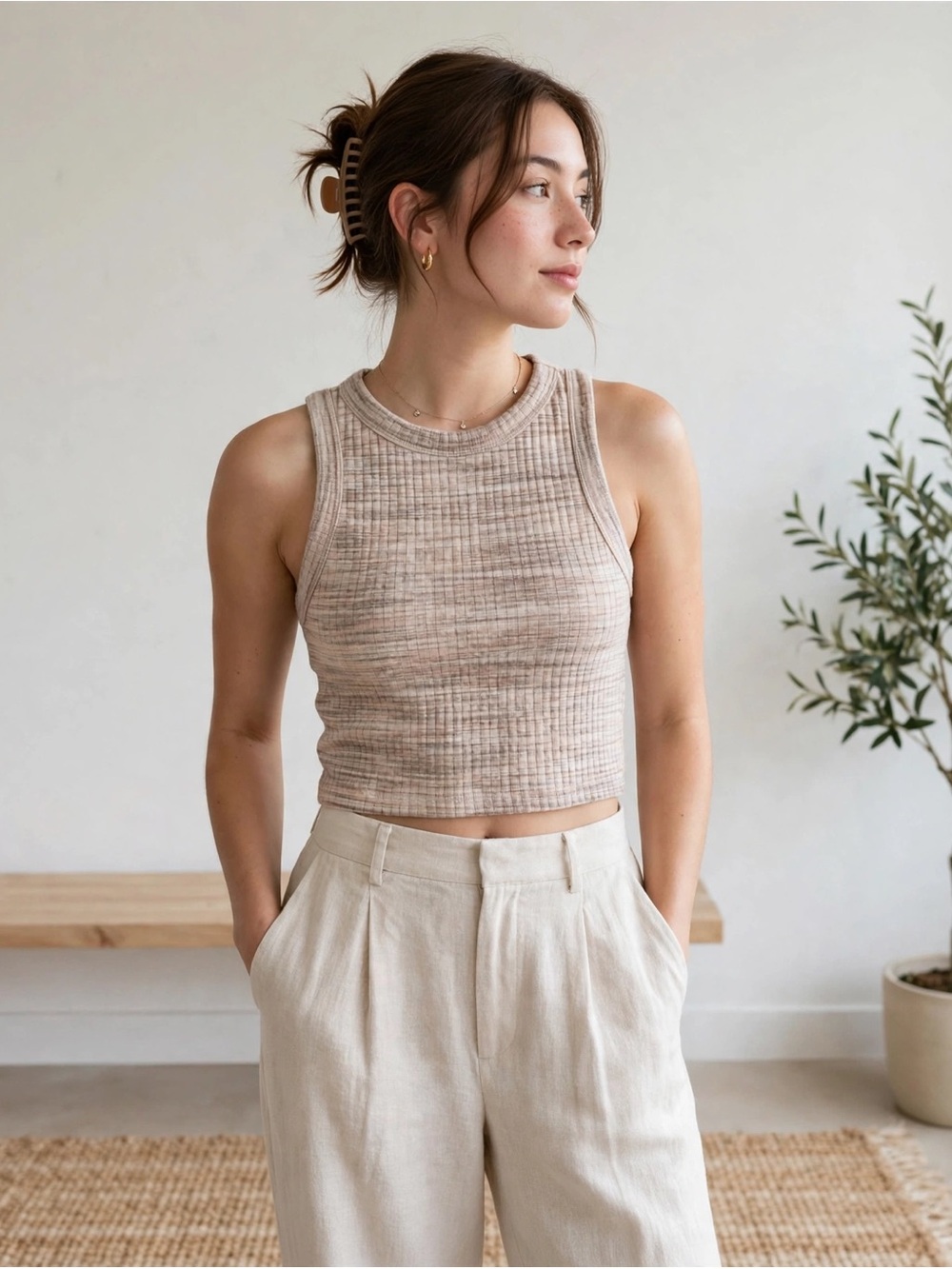 MADEWELL Ribbed Cropped Tank Space-Dye Neutral High Neck Muscle Tank S